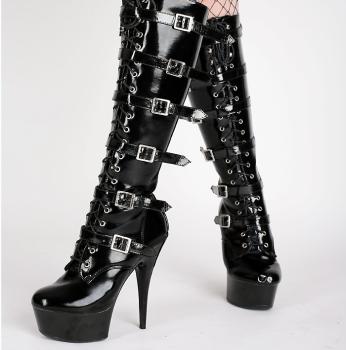 Plateau High Heels Stiefel schwarz mit Schnallen