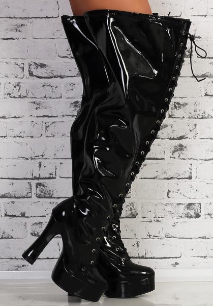 Plateau Overknee High Heels schwarz sehr weiter Schaft  XXL