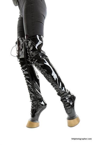 Extrem Pony Overknee High Heels schwarz gold