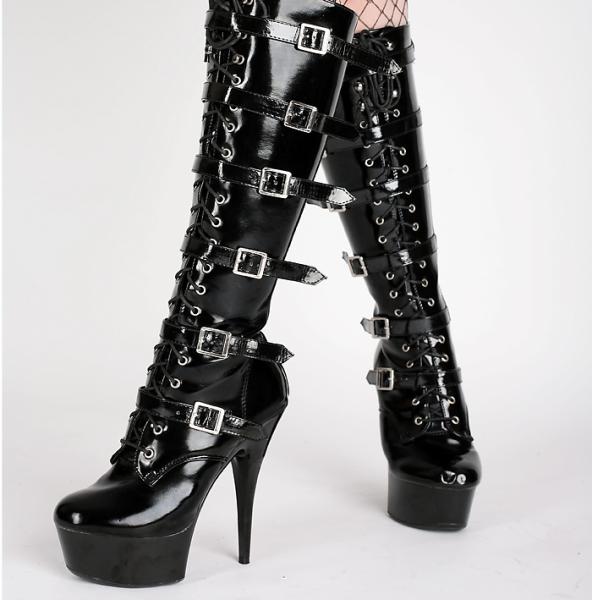 Plateau High Heels Stiefel schwarz mit Schnallen
